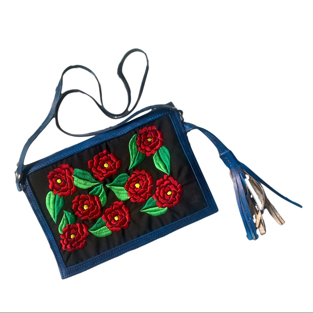 Embossed Blue Leather Floral Embroidery Inlay Purse Crossbody Embroidered Roses